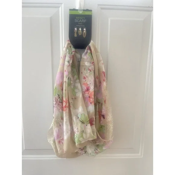 Floral‎ Infinity Scarf Lightweight Lace Trim Spring Summer New With Tags - Picture 2 of 2